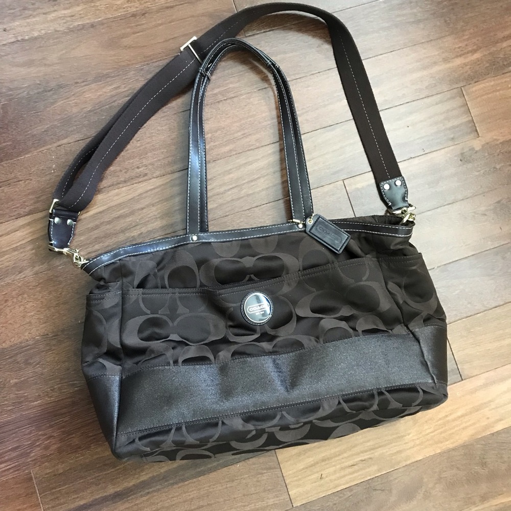 Brown Coach diaper bag